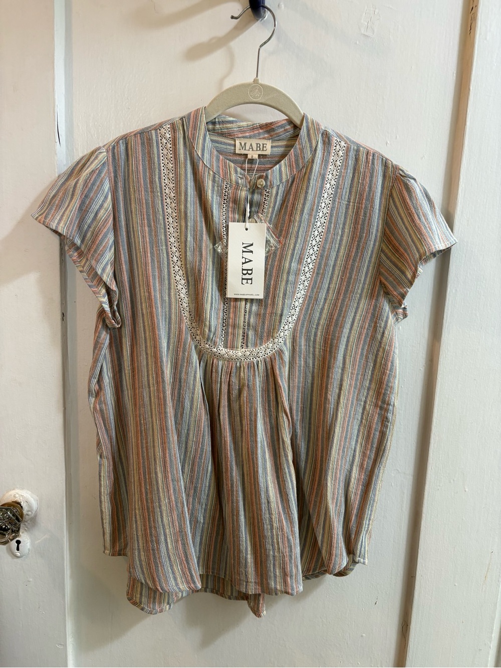 MABE Striped Cotton Blend Peasant Top in Multicolor